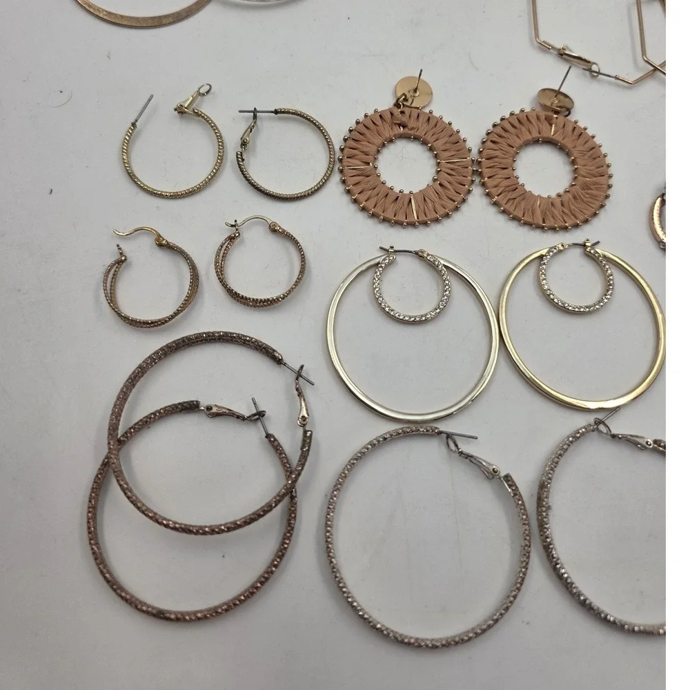 Hoop Earring Lot 12 Pairs Gold Silver Rose Gold Rhinestone Geometric Woven Set